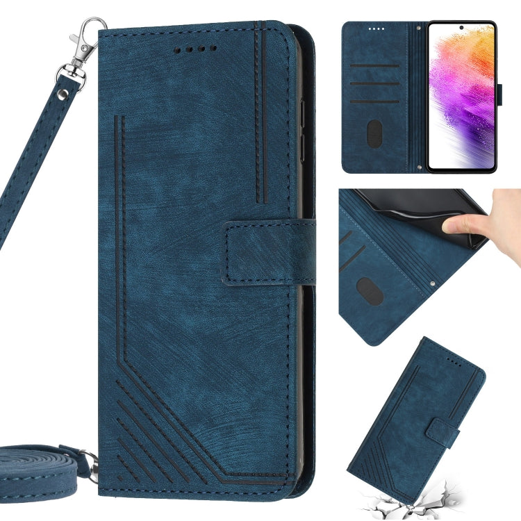 For Samsung Galaxy A04e / F04 Skin Feel Stripe Pattern Leather Phone Case with Lanyard(Blue) - free shipping - PMC TechLife - Order now!