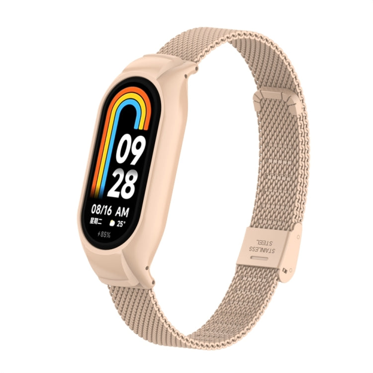 For Xiaomi Mi Band 8 Integrated Metal Case + Steel Mesh Buckle Watch Band(Milk Tea Color) - Smart Wear by PMC Jewellery | Online Shopping South Africa | PMC Jewellery