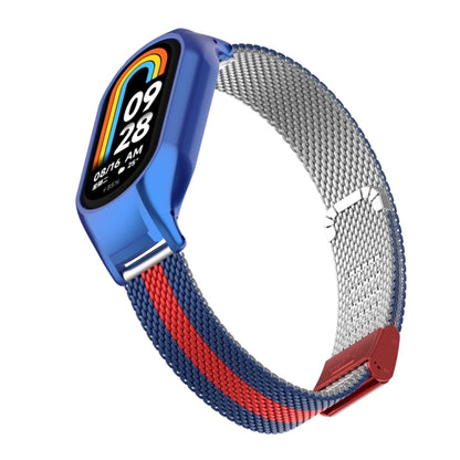 For Xiaomi Mi Band 8 Integrated Metal Case + Steel Mesh Buckle Watch Band(Blue+Red) - Smart Wear by PMC Jewellery | Online Shopping South Africa | PMC Jewellery