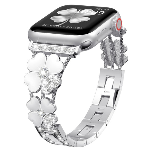 For Apple Watch 5 40mm Petal Metal Diamond Watch Band(Sliver+White) -  by PMC Jewellery | Online Shopping South Africa | PMC Jewellery