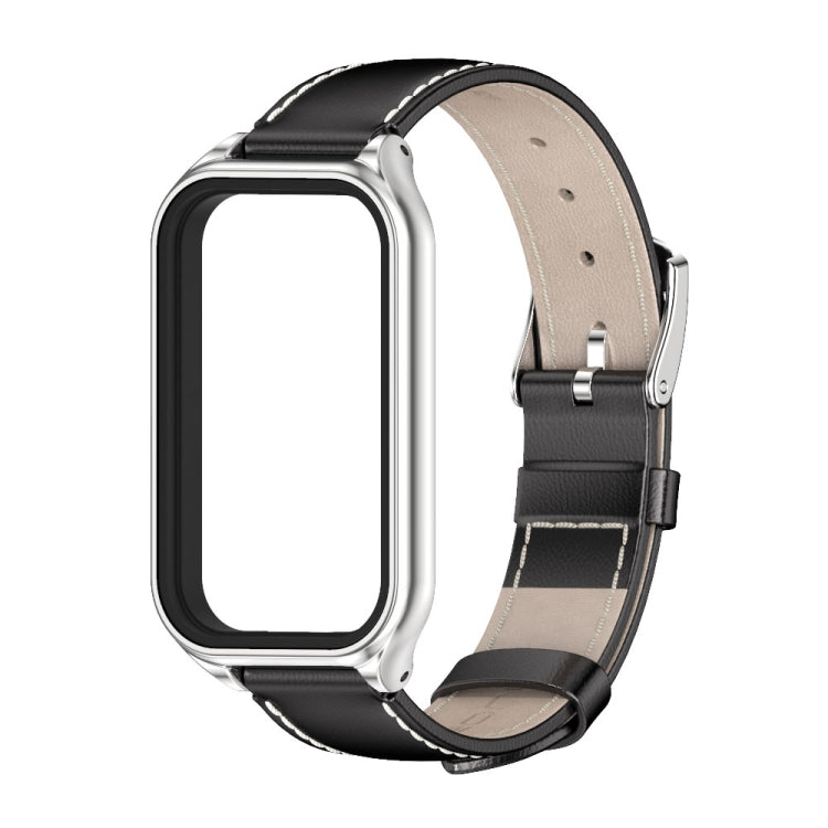 For Xiaomi Smart Band 8 Active / Redmi Band 2 Mijobs Metal Shell Genuine Leather Watch Band(Black Silver) - Watch Bands by MIJOBS | Online Shopping South Africa | PMC Jewellery | Buy Now Pay Later Mobicred