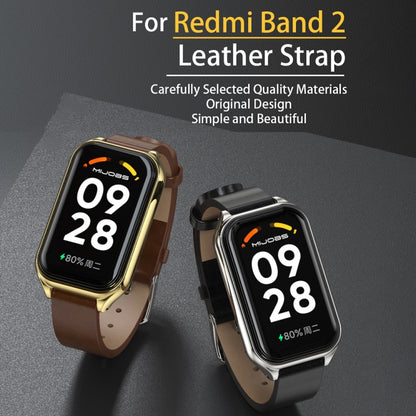 For Xiaomi Smart Band 8 Active / Redmi Band 2 Mijobs Metal Shell Genuine Leather Watch Band(Black Silver) - Watch Bands by MIJOBS | Online Shopping South Africa | PMC Jewellery | Buy Now Pay Later Mobicred