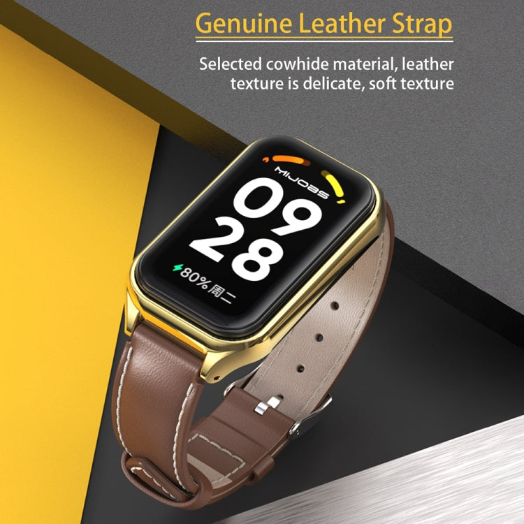 For Xiaomi Smart Band 8 Active / Redmi Band 2 Mijobs Metal Shell Genuine Leather Watch Band(Brown Gold) - Watch Bands by MIJOBS | Online Shopping South Africa | PMC TechLife | Buy Now Pay Later Mobicred