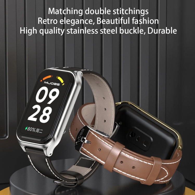 For Xiaomi Smart Band 8 Active / Redmi Band 2 Mijobs Metal Shell Genuine Leather Watch Band(Brown Gold) - Watch Bands by MIJOBS | Online Shopping South Africa | PMC TechLife | Buy Now Pay Later Mobicred