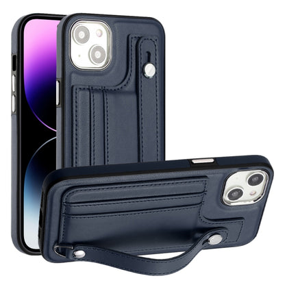 For iPhone 15 Plus Shockproof Leather Phone Case with Wrist Strap(Blue) - iPhone 15 Plus Cases by PMC Jewellery | Online Shopping South Africa | PMC Jewellery