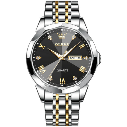 OLEVS 9931 Men Luminous Waterproof Quartz Watch(Black + Gold) - Metal Strap Watches by OLEVS | Online Shopping South Africa | PMC Jewellery