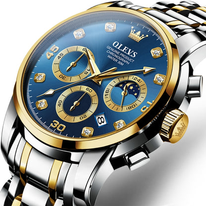 OLEVS 2889 Men Multifunctional Luminous Waterproof Quartz Watch(Blue + Gold) - Metal Strap Watches by OLEVS | Online Shopping South Africa | PMC Jewellery | Buy Now Pay Later Mobicred