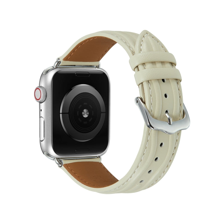 Embossed Line Genuine Leather Watch Band For Apple Watch 8 45mm(Milky White) - Watch Bands by PMC TechLife | Online Shopping South Africa | PMC TechLife
