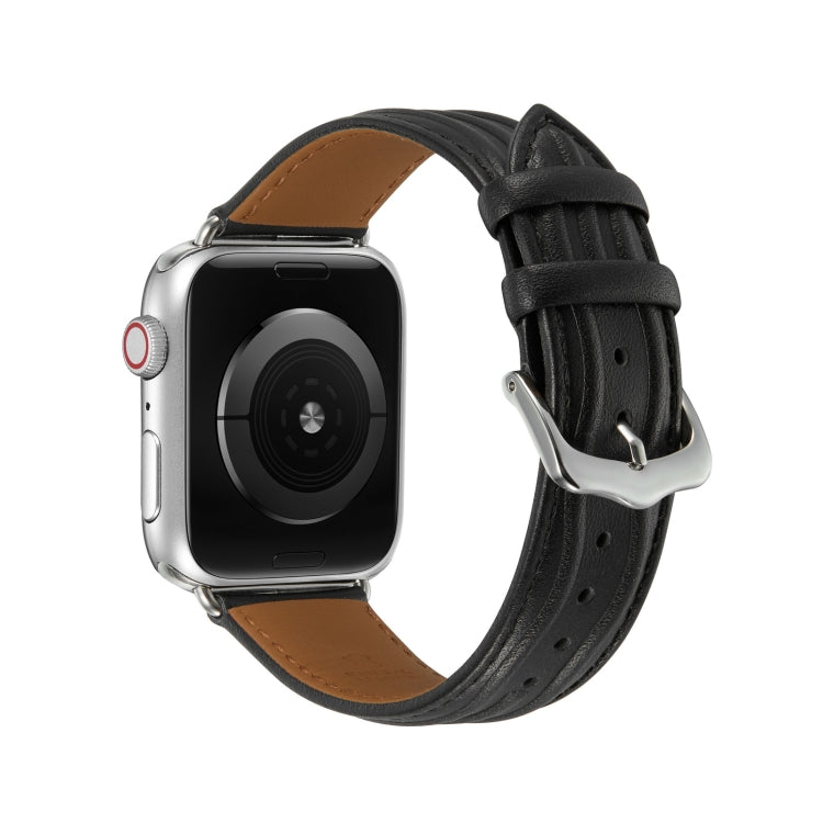 Embossed Line Genuine Leather Watch Band For Apple Watch SE 2022 40mm(Black) - Watch Bands by PMC TechLife | Online Shopping South Africa | PMC TechLife