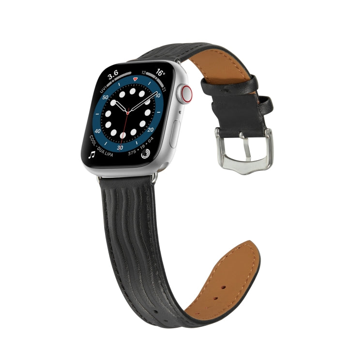 Embossed Line Genuine Leather Watch Band For Apple Watch SE 2022 44mm(Black) - Watch Bands by PMC TechLife | Online Shopping South Africa | PMC TechLife