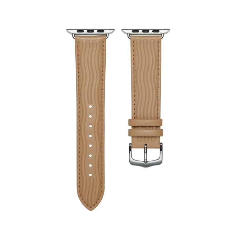 Embossed Line Genuine Leather Watch Band For Apple Watch SE 2022 44mm(Khaki) - Watch Bands by PMC Jewellery | Online Shopping South Africa | PMC Jewellery