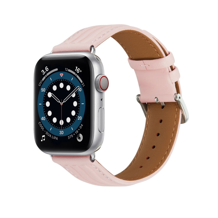 Embossed Line Genuine Leather Watch Band For Apple Watch 6 40mm(Pink) - Watch Bands by PMC TechLife | Online Shopping South Africa | PMC TechLife