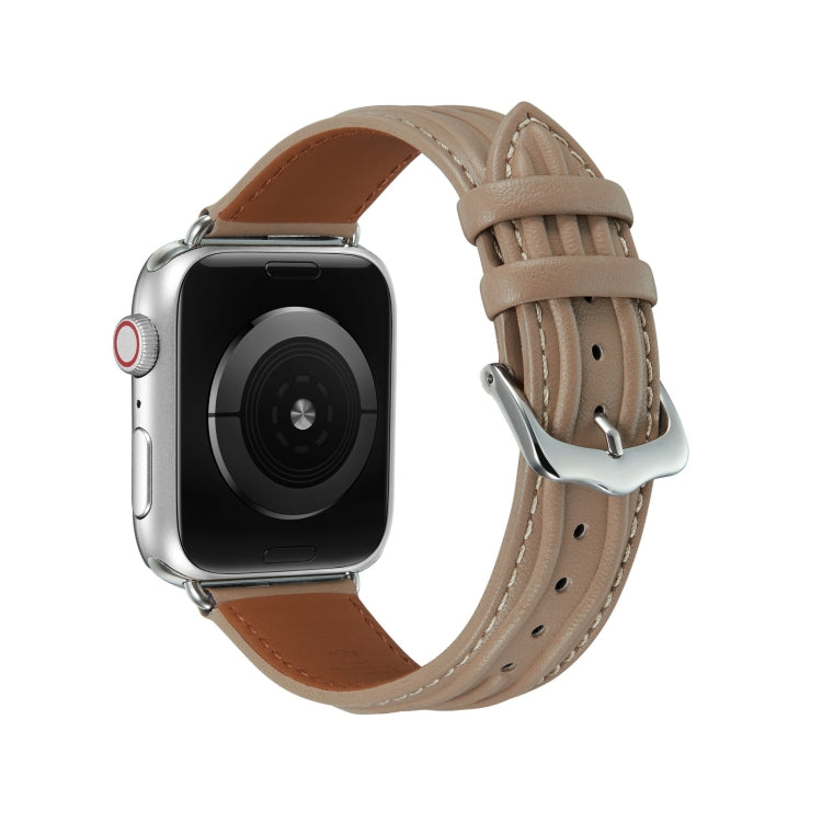 Embossed Line Genuine Leather Watch Band For Apple Watch 5 44mm(Milky Brown) - Watch Bands by PMC TechLife | Online Shopping South Africa | PMC TechLife