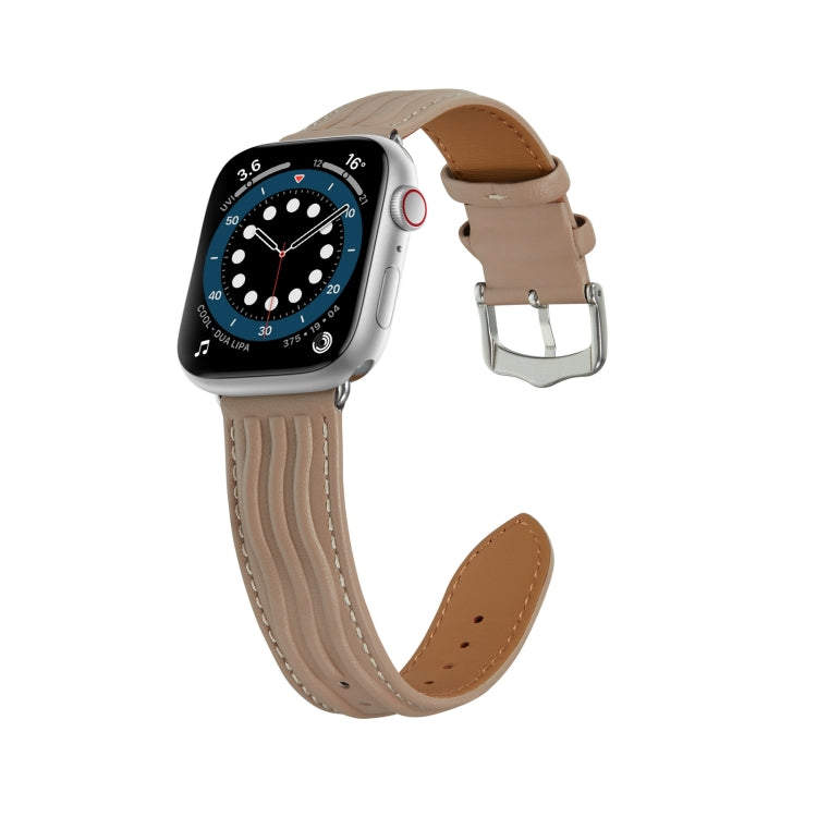 Embossed Line Genuine Leather Watch Band For Apple Watch 5 44mm(Milky Brown) - Watch Bands by PMC TechLife | Online Shopping South Africa | PMC TechLife