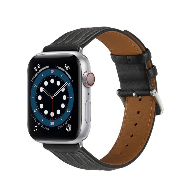 Embossed Line Genuine Leather Watch Band For Apple Watch 4 44mm(Black) - Watch Bands by PMC TechLife | Online Shopping South Africa | PMC TechLife