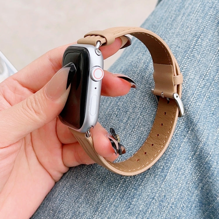 Embossed Line Genuine Leather Watch Band For Apple Watch 4 40mm(Khaki) - Watch Bands by PMC TechLife | Online Shopping South Africa | PMC TechLife