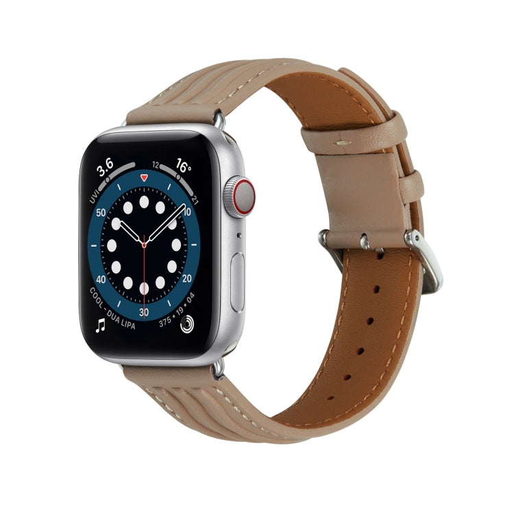 Embossed Line Genuine Leather Watch Band For Apple Watch 3 42mm(Milky Brown) - Watch Bands by PMC Jewellery | Online Shopping South Africa | PMC Jewellery