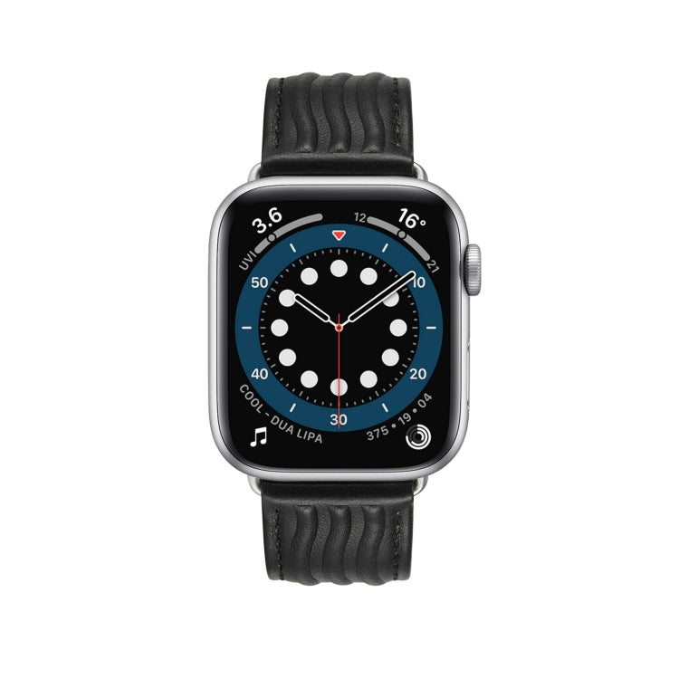 Embossed Line Genuine Leather Watch Band For Apple Watch SE 2023 44mm(Black) - Watch Bands by PMC TechLife | Online Shopping South Africa | PMC TechLife