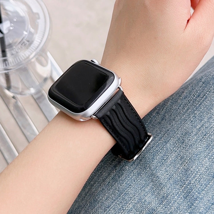 Embossed Line Genuine Leather Watch Band For Apple Watch SE 2023 44mm(Black) - Watch Bands by PMC TechLife | Online Shopping South Africa | PMC TechLife