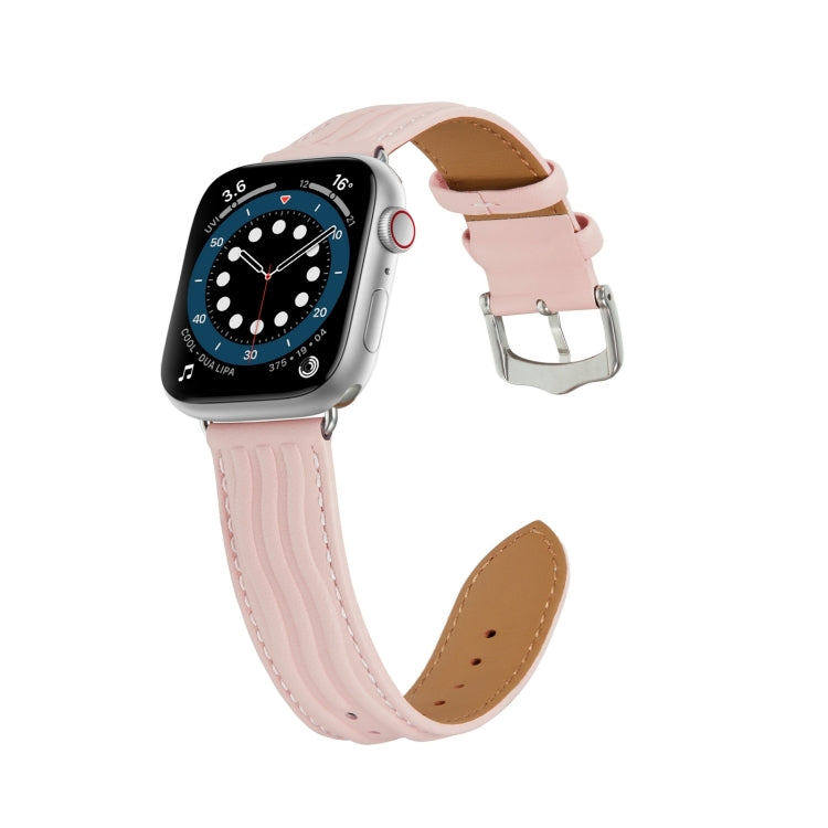 Embossed Line Genuine Leather Watch Band For Apple Watch 9 45mm(Pink) - Watch Bands by PMC TechLife | Online Shopping South Africa | PMC TechLife