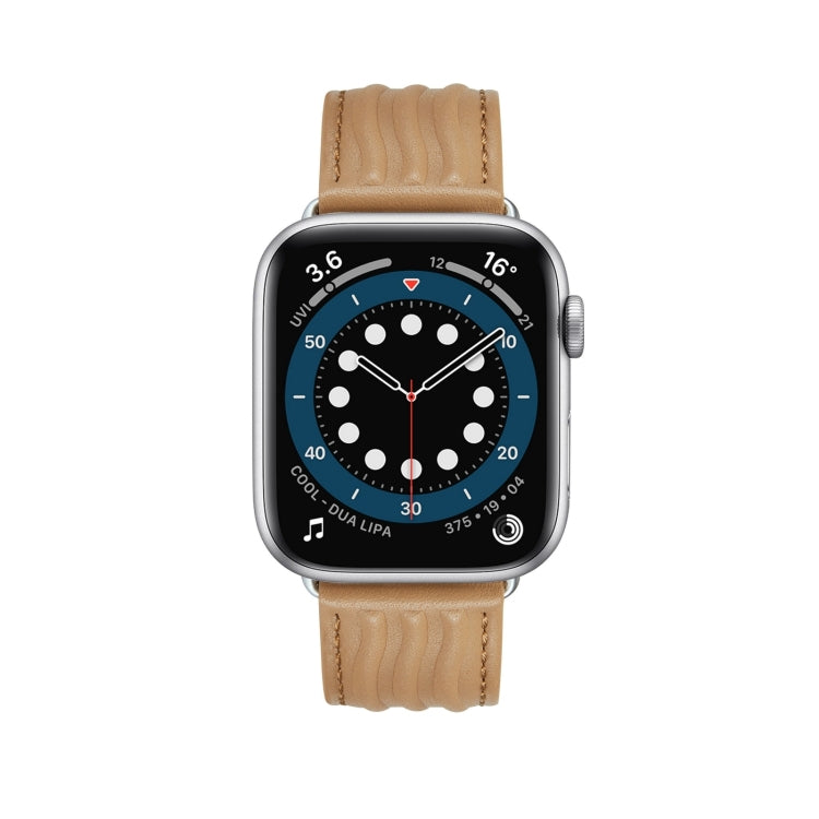 Embossed Line Genuine Leather Watch Band For Apple Watch 9 45mm(Khaki) - Watch Bands by PMC TechLife | Online Shopping South Africa | PMC TechLife