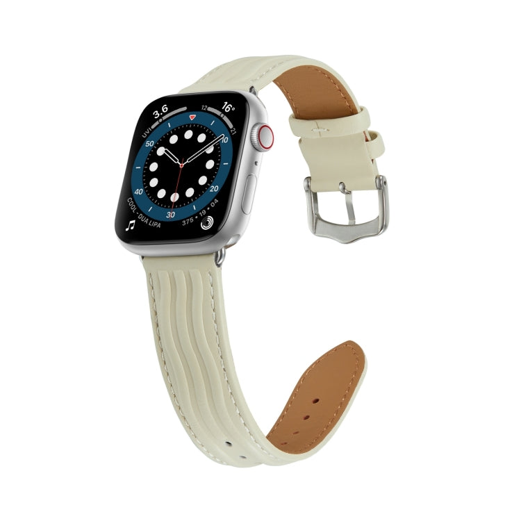 Embossed Line Genuine Leather Watch Band For Apple Watch 9 45mm(Milky White) - Watch Bands by PMC TechLife | Online Shopping South Africa | PMC TechLife