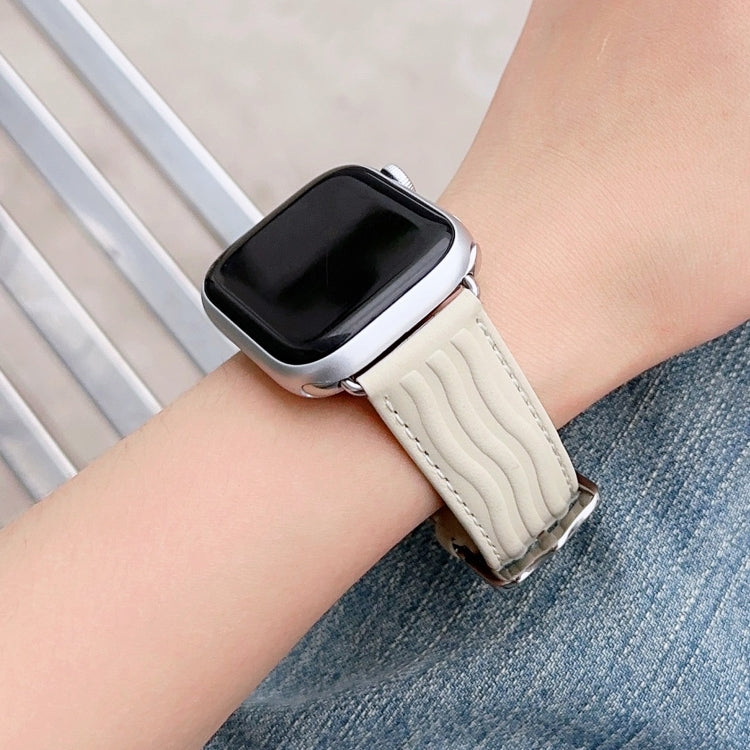 Embossed Line Genuine Leather Watch Band For Apple Watch 9 45mm(Milky White) - Watch Bands by PMC TechLife | Online Shopping South Africa | PMC TechLife