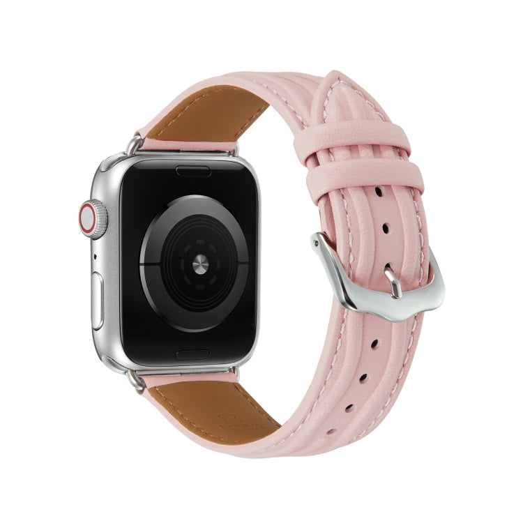 Embossed Line Genuine Leather Watch Band For Apple Watch 9 41mm(Pink) - Watch Bands by PMC TechLife | Online Shopping South Africa | PMC TechLife