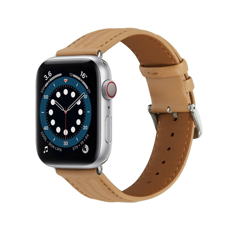 Embossed Line Genuine Leather Watch Band For Apple Watch 9 41mm(Khaki) - Watch Bands by PMC TechLife | Online Shopping South Africa | PMC TechLife