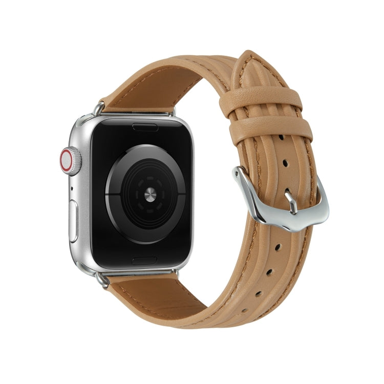 Embossed Line Genuine Leather Watch Band For Apple Watch 9 41mm(Khaki) - Watch Bands by PMC TechLife | Online Shopping South Africa | PMC TechLife