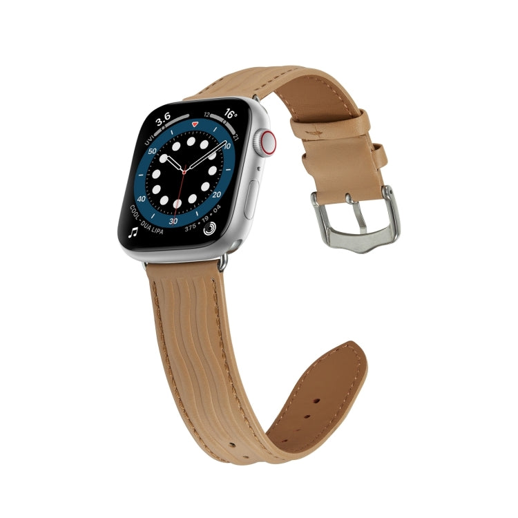 Embossed Line Genuine Leather Watch Band For Apple Watch 9 41mm(Khaki) - Watch Bands by PMC TechLife | Online Shopping South Africa | PMC TechLife