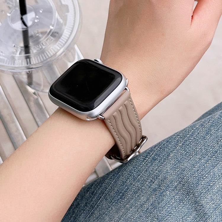 Embossed Line Genuine Leather Watch Band For Apple Watch 9 41mm(Milky Brown) - Watch Bands by PMC TechLife | Online Shopping South Africa | PMC TechLife
