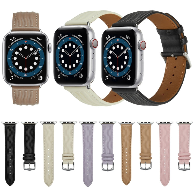 Embossed Line Genuine Leather Watch Band For Apple Watch 9 45mm(Khaki) - Watch Bands by PMC TechLife | Online Shopping South Africa | PMC TechLife