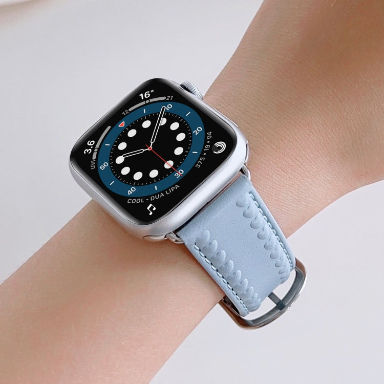 Embossed Love Genuine Leather Watch Band For Apple Watch 8 45mm(Blue) - Watch Bands by PMC TechLife | Online Shopping South Africa | PMC TechLife
