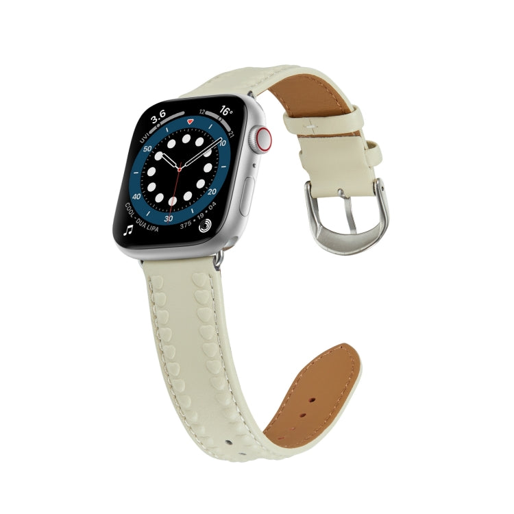 Embossed Love Genuine Leather Watch Band For Apple Watch 7 41mm(Milky White) - Watch Bands by PMC TechLife | Online Shopping South Africa | PMC TechLife