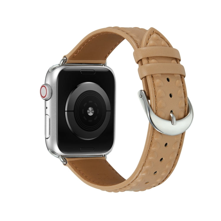 Embossed Love Genuine Leather Watch Band For Apple Watch 9 45mm(Khaki) - Watch Bands by PMC TechLife | Online Shopping South Africa | PMC TechLife