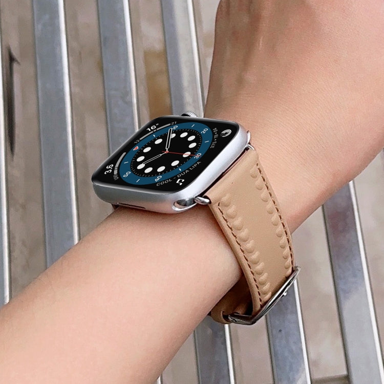 Embossed Love Genuine Leather Watch Band For Apple Watch 9 45mm(Khaki) - Watch Bands by PMC TechLife | Online Shopping South Africa | PMC TechLife