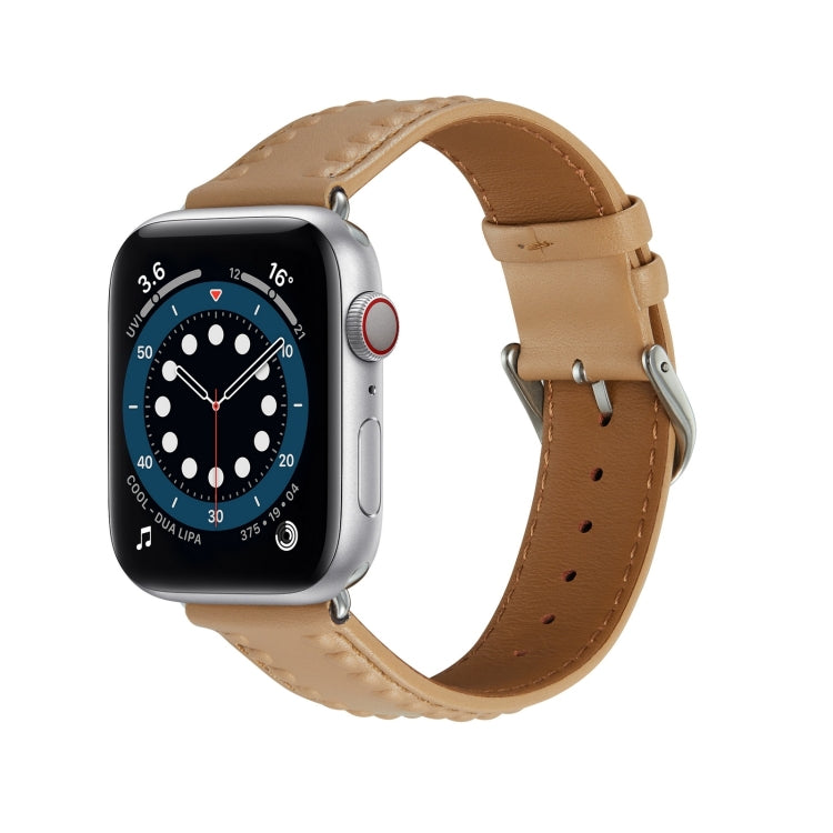 Embossed Love Genuine Leather Watch Band For Apple Watch 9 41mm(Khaki) - Watch Bands by PMC TechLife | Online Shopping South Africa | PMC TechLife
