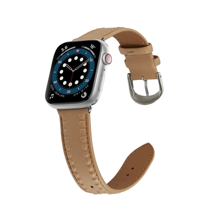 Embossed Love Genuine Leather Watch Band For Apple Watch 9 41mm(Khaki) - Watch Bands by PMC TechLife | Online Shopping South Africa | PMC TechLife