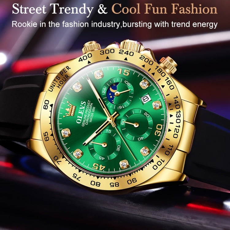 OLEVS 2875 Men Multifunctional Sports Chronograph Waterproof Quartz Watch(Green + Gold) - Silicone Strap Watches by OLEVS | Online Shopping South Africa | PMC Jewellery