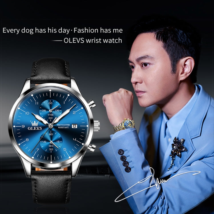 OLEVS 2880 Men Multifunctional Business Waterproof Leather Strap Quartz Watch(Blue) - Leather Strap Watches by OLEVS | Online Shopping South Africa | PMC Jewellery