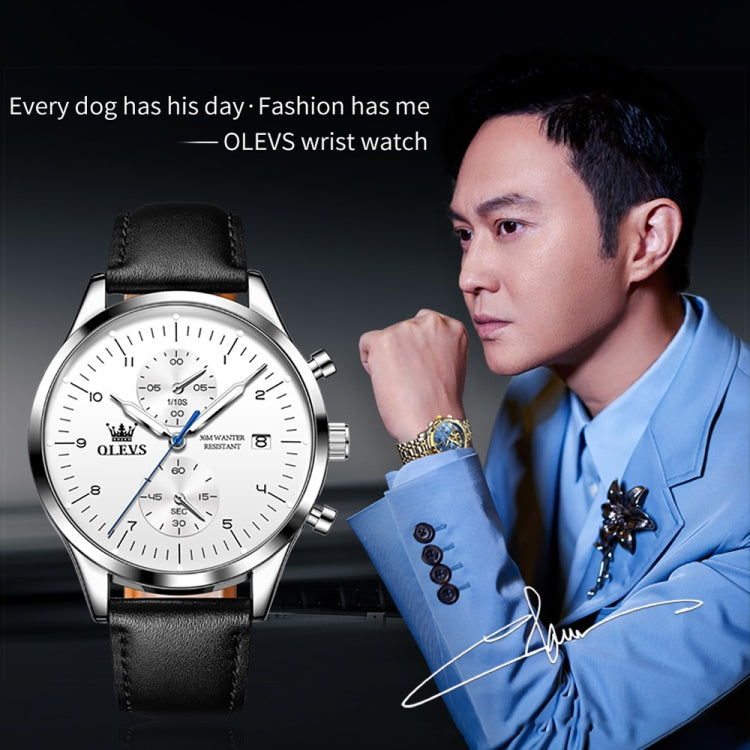 OLEVS 2880 Men Multifunctional Business Waterproof Leather Strap Quartz Watch(White) - Leather Strap Watches by OLEVS | Online Shopping South Africa | PMC Jewellery