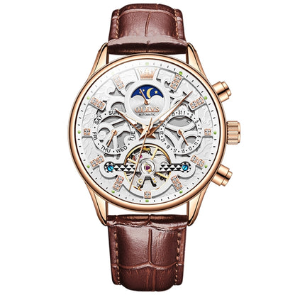 OLEVS 6658 Men Luminous Waterproof Leather Strap Mechanical Watch(White + Rose Gold) - Leather Strap Watches by OLEVS | Online Shopping South Africa | PMC Jewellery