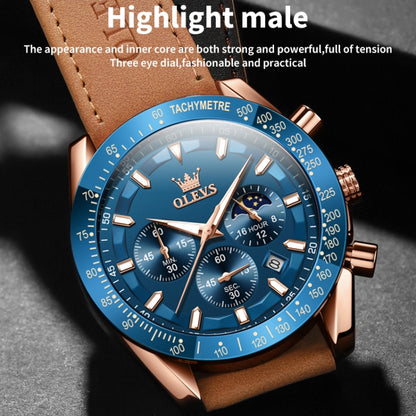 OLEVS 9957 Men Luminous Waterproof Leather Strap Quartz Watch(Blue + Rose Gold) - Leather Strap Watches by OLEVS | Online Shopping South Africa | PMC Jewellery