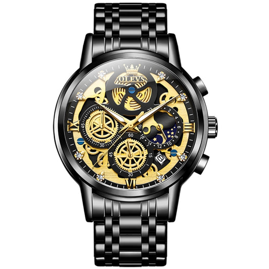 OLEVS 9947 Men Multifunctional Hollow Waterproof Quartz Watch(Black) - Metal Strap Watches by OLEVS | Online Shopping South Africa | PMC Jewellery