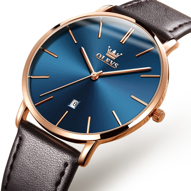 OLEVS 5869 Men Business Waterproof Genuine Leather Strap Quartz Watch(Blue + Rose Gold) - Leather Strap Watches by OLEVS | Online Shopping South Africa | PMC Jewellery