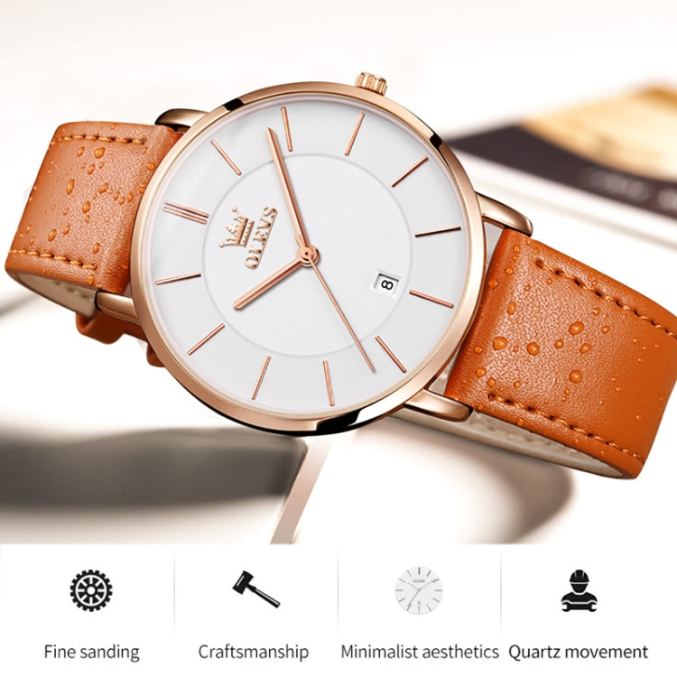 OLEVS 5869 Men Business Waterproof Genuine Leather Strap Quartz Watch(White + Brown) - Leather Strap Watches by OLEVS | Online Shopping South Africa | PMC Jewellery
