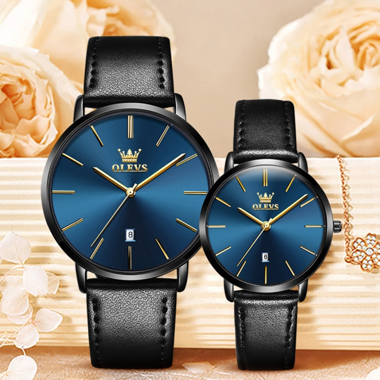 OLEVS 5869 1 Pair Couple Waterproof Genuine Leather Strap Quartz Watch(Blue + Black) - Couple Watches by PMC Jewellery | Online Shopping South Africa | PMC Jewellery