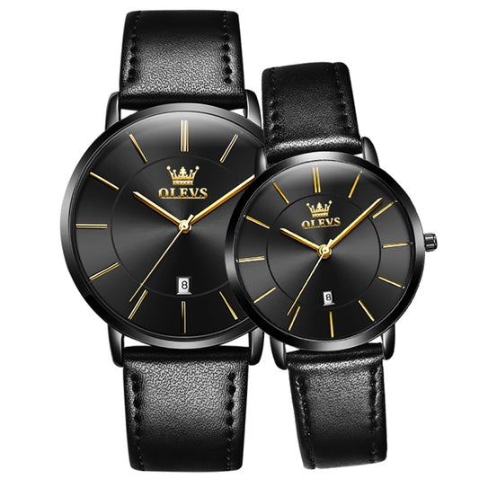 OLEVS 5869 1 Pair Couple Waterproof Genuine Leather Strap Quartz Watch(Black) - Couple Watches by PMC Jewellery | Online Shopping South Africa | PMC Jewellery