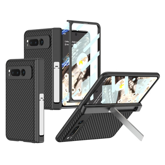 For Google Pixel Fold GKK Integrated Fold Hinge Leather Phone Case with Holder(Carbon Fibre Black) - Google Cases by GKK | Online Shopping South Africa | PMC Jewellery